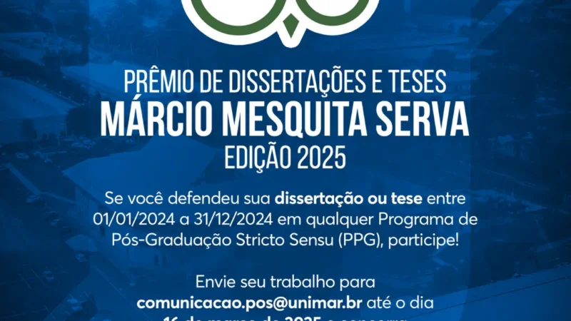 Unimar abre inscrições para o Prêmio Márcio Mesquita Serva 2025.