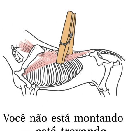 Aperta a perna, trava a pelve. Trava a pelve, endurece o dorso. Endurece o dorso… e lá se vai a equitação.”
