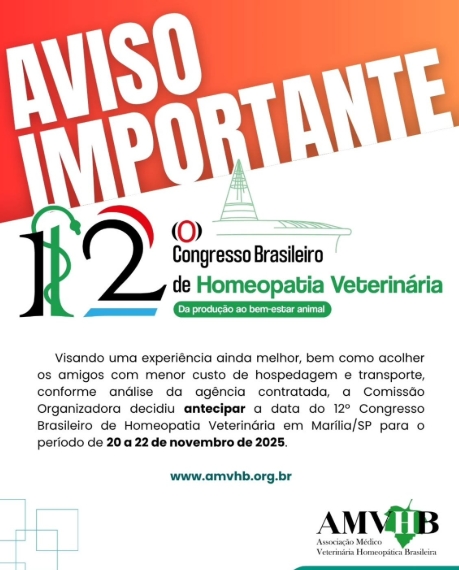 📢 ATENÇÃO: NOVA DATA! 12º Congresso Brasileiro de Homeopatia Veterinária.